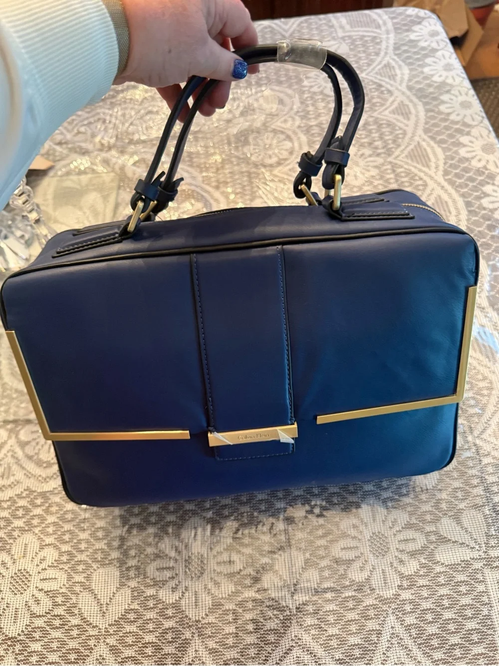 Calvin Klein Cobalt Blue Leather Top-Handle Satchel with Gold Hardware